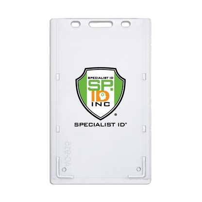 A Clear Custom Top Load Rigid Vertical Badge Holder (AC-915-Custom) - Add Your Logo proudly showcasing the Specialist ID Inc. full-color logo in the center.