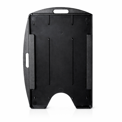 The Rigid Open-Faced Single ID Card Holder (P/N AH-075) is a black plastic card holder with top and side handles and a curved bottom cutout, displayed against a white background. Sold by Specialist ID.