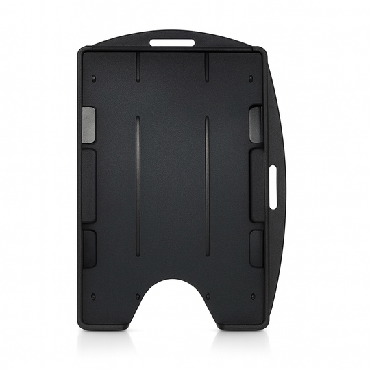 A black, rigid plastic badge holder with a vertical design and multiple slot openings for horizontal or vertical attachment options. It functions as a Two Card Holder - Rigid Open-Faced (P/N AH-150), keeping your IDs securely in place.