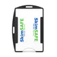 SkimSAFE RFID Blocking Single Card ID Holder (P/N AH-200) with green and blue text, encased in a black shielded card holder. The text reads "SkimSAFE FIPS 201 Approved.