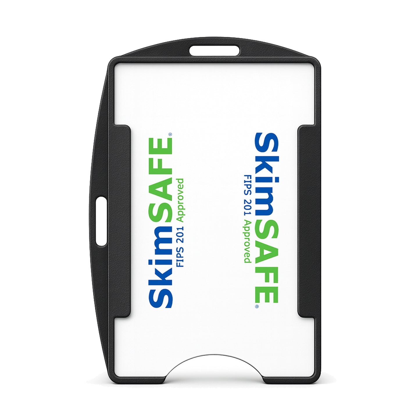 SkimSAFE RFID Blocking Single Card ID Holder (P/N AH-200) with green and blue text, encased in a black shielded card holder. The text reads "SkimSAFE FIPS 201 Approved.