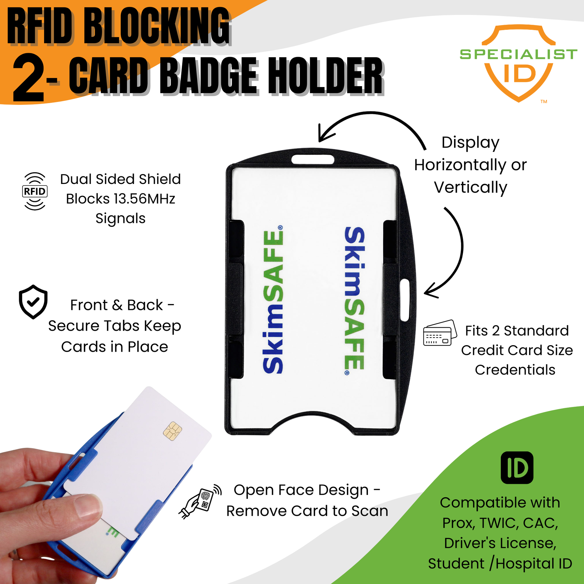 SkimSAFE RFID Blocking 2-Card ID Holder (AH-210 / 153039) shown with a partially inserted card; accommodates two cards and features SkimSAFE dual shield protection, secure tabs, an open face design, and compatibility with both horizontal and vertical displays.