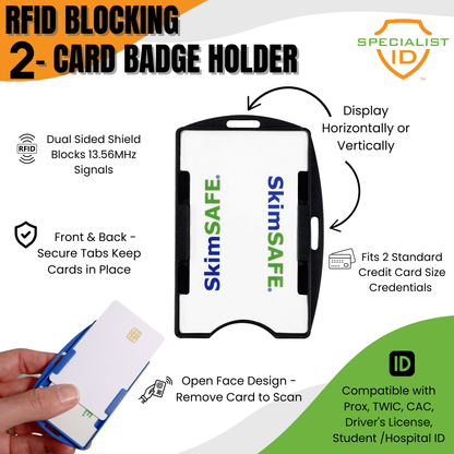 SkimSAFE RFID Blocking 2-Card ID Holder (AH-210 / 153039) shown with a partially inserted card; accommodates two cards and features SkimSAFE dual shield protection, secure tabs, an open face design, and compatibility with both horizontal and vertical displays.