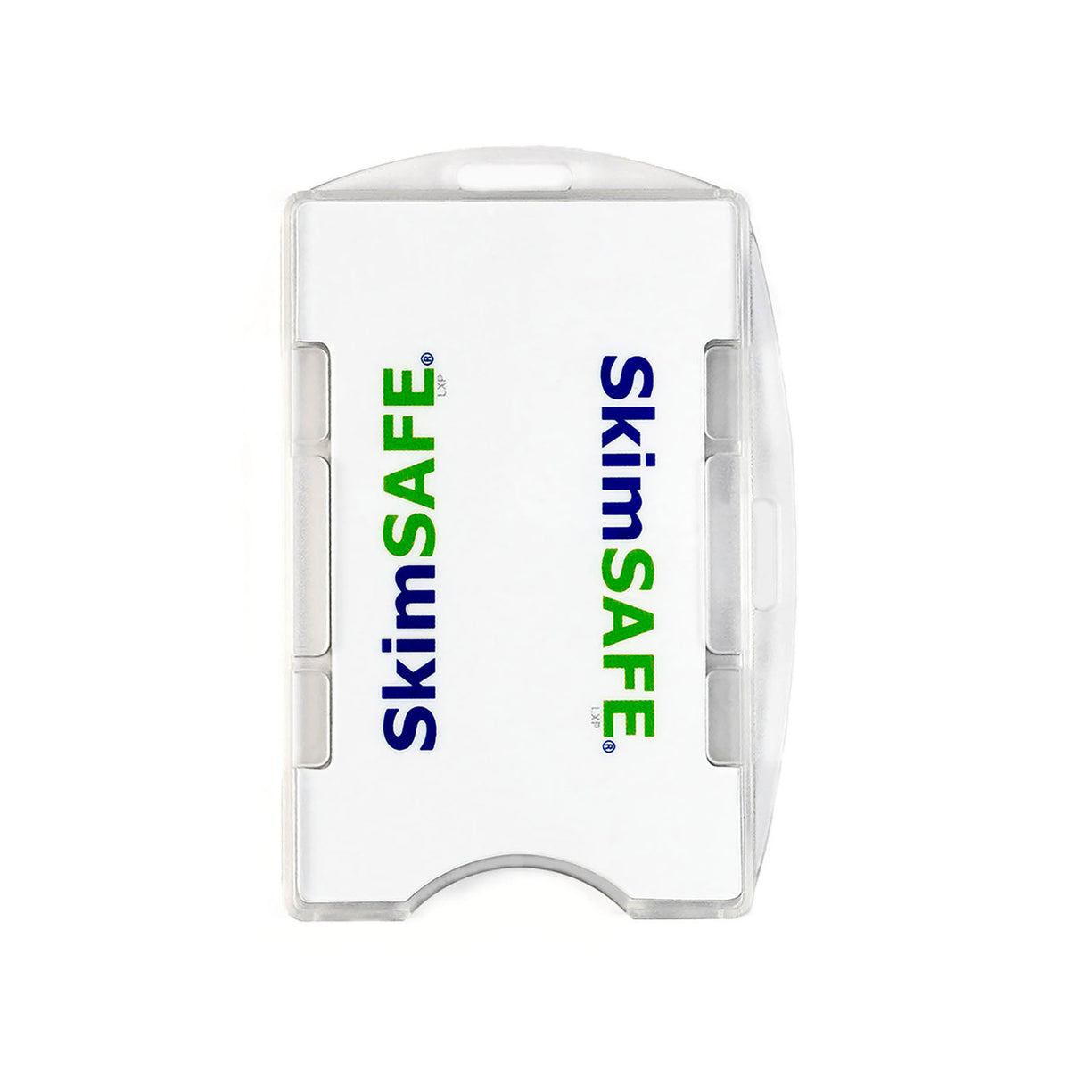A white SkimSAFE RFID Blocking 2-Card ID Holder (AH-210 / 153039) with a transparent edge, shown from above with the brand name printed in blue and green letters. This slim holder provides reliable protection against RFID skimming while keeping your essential cards organized and secure.