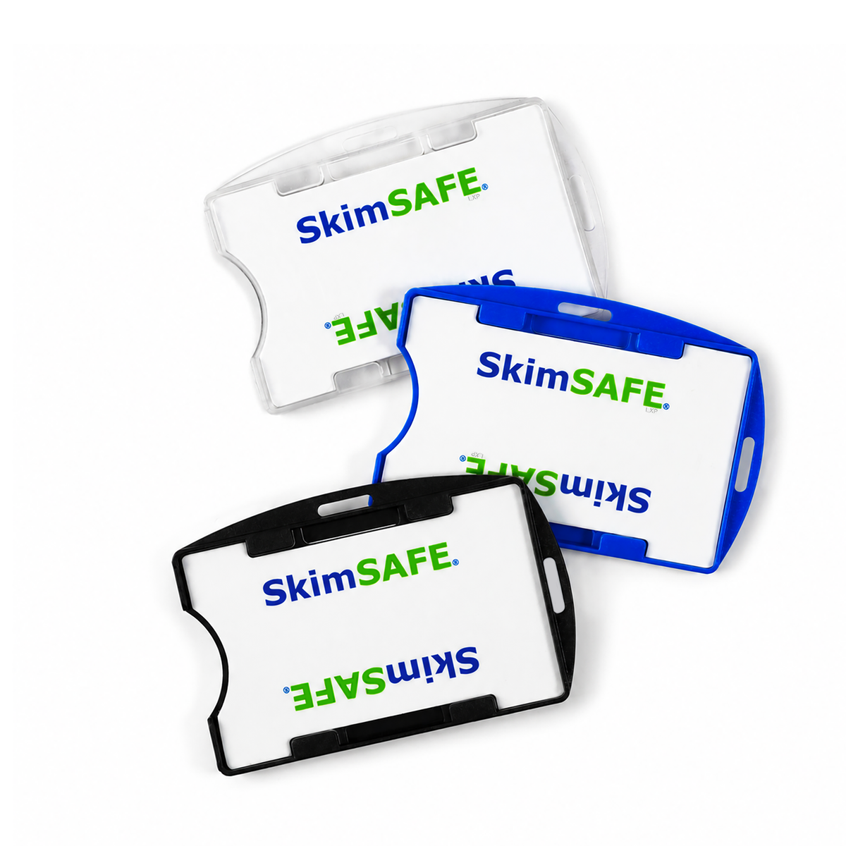 Three rectangular SkimSAFE RFID Blocking 2-Card ID Holders (AH-210 / 153039) in clear, blue, and black are arranged on a white background. Each holder is designed to keep your information secure while providing a convenient way to carry two cards.