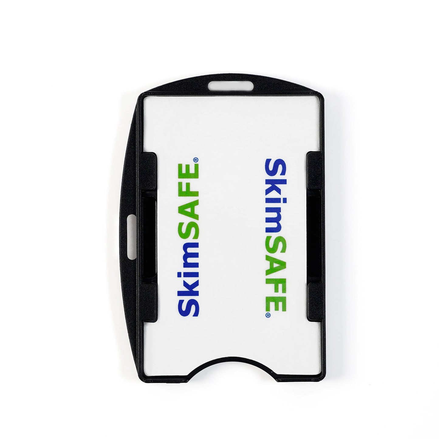 The SkimSAFE RFID Blocking 2-Card ID Holder (AH-210 / 153039) is a black plastic card holder featuring a white card inside printed with “SkimSAFE” in blue and green text, displayed against a plain white background.