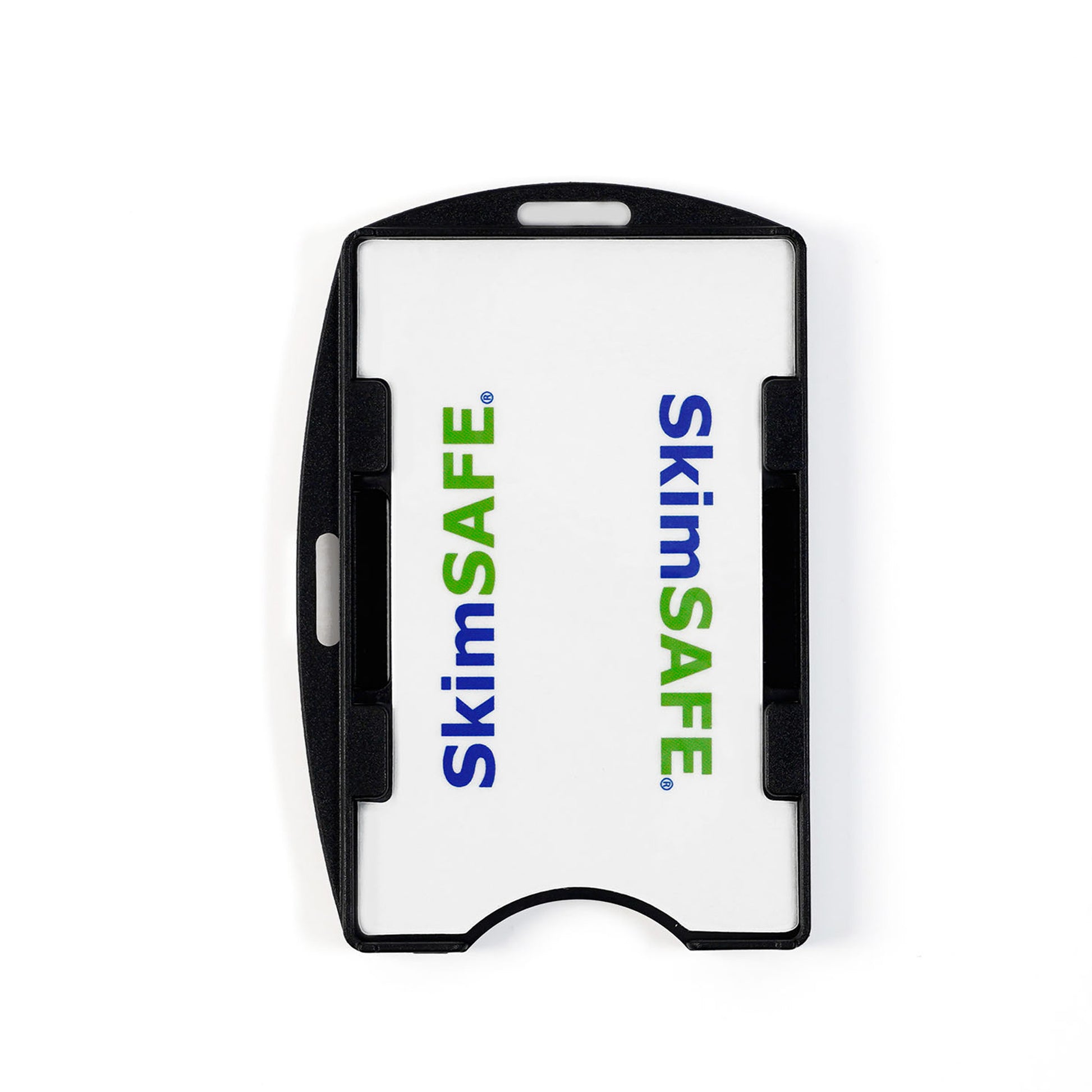 The SkimSAFE RFID Blocking 2-Card ID Holder (AH-210 / 153039) is a black plastic card holder featuring a white card inside printed with “SkimSAFE” in blue and green text, displayed against a plain white background.