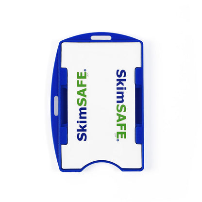 Introducing the SkimSAFE RFID Blocking 2-Card ID Holder (AH-210 / 153039)—a blue and white card holder featuring the SkimSAFE logo printed twice. Designed for both security and convenience, this sleek holder protects your cards from RFID skimming while keeping up to two IDs easily accessible.