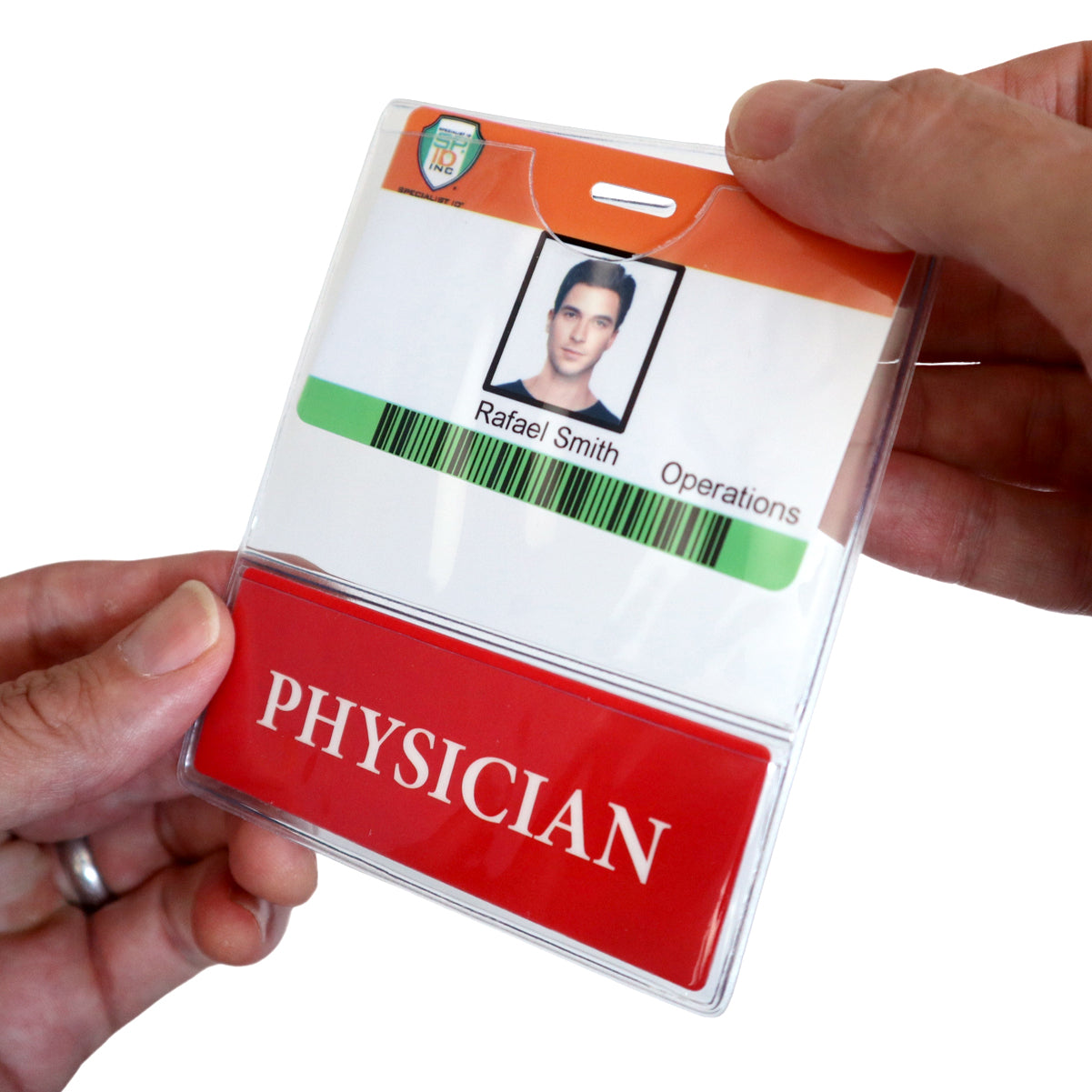 PHYSICIAN BadgeBottom Badge Holder & PHYSICIAN Badge Buddy IN ONE!! - Horizontal ID Badge Sleeve with Bottom Role Tag for Nurses