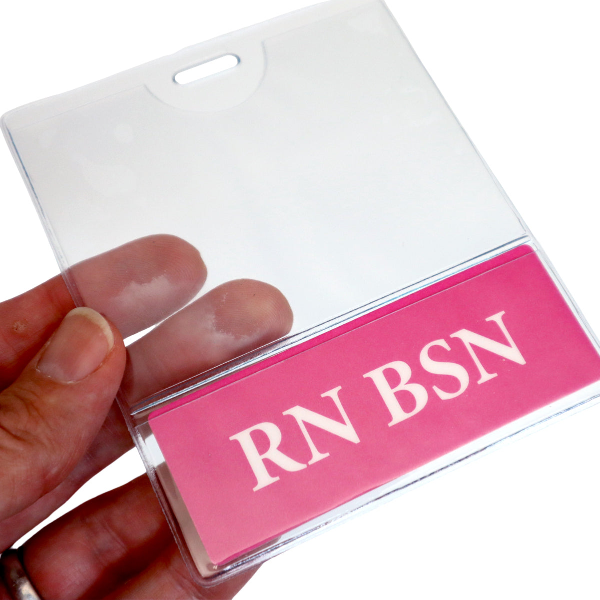 RN BSN BadgeBottoms 2 in 1 Badge Buddy and ID Badge Holder horizontal - Vinyl Sleeve for ID Card and Badge Bottom for Role Tag - Double Sided Print (hot pink)