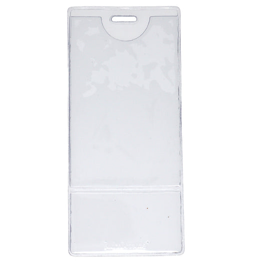 Premium Vinyl Vertical BadgeBottom with Slot Hole Attachment - Two Pocket Holder. The holder features a large transparent top pocket to display an ID or card, and a bottom shorter pocket for a role "title" insert, making it perfect for professionals needing a reliable and clear ID badge and badge bottom in one holder.