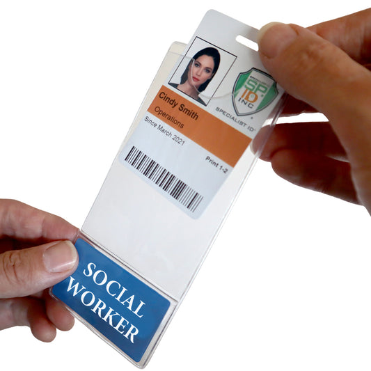 A person smoothly inserts an ID badge into the "SOCIAL WORKER BadgeBottom" holder, featuring a photo, name, and title in operations. This credential includes a barcode and states "Since March 2021," printed with ID version 1.2.