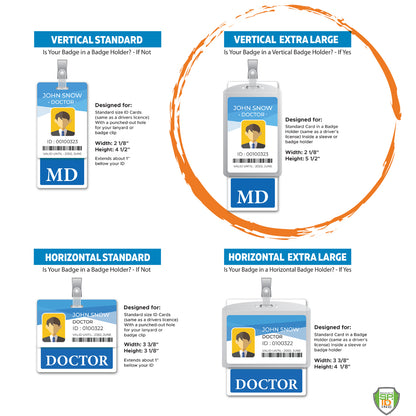 Infographic showcasing four badge sizes: Vertical Standard, Vertical Extra Large (Extra Large Leader Badge Buddy - XL Badge Backer for Leaders - Vertical Hospital ID Badge Buddies), Horizontal Standard, and Horizontal Extra Large. Each identification tool includes precise dimensions and a sample hospital ID badge for reference.