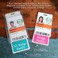 On a wooden surface, two badge buddies are displayed, labeled "XL" and "Standard," featuring ID card examples for "Operations" in medical settings since March 2021. Ideal for use as the Extra Large Doctor Resident Badge Buddy, providing healthcare identification solutions.