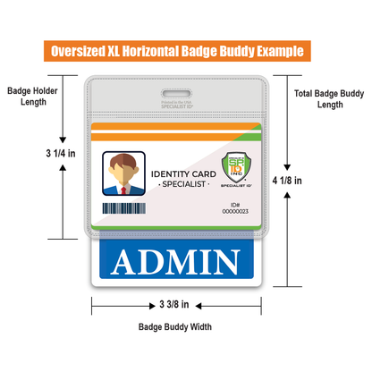 Diagram of the Oversized ADMIN Badge Buddy, an XL horizontal badge backer for administrative professionals, shown with an ID card; ideal as a hospital ID accessory for admin staff.