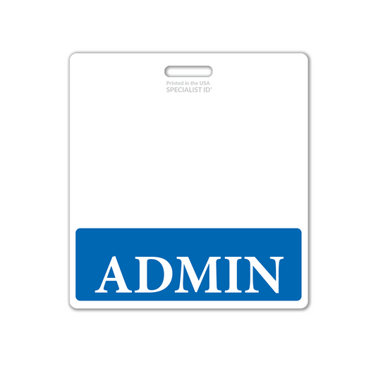 An oversized horizontal ADMIN Badge Buddy with a blue "ADMIN" section, designed for administrative professionals as an XL hospital ID badge backer. Ideal for easily identifying admin staff.