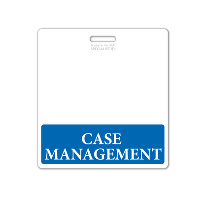 The Extra Large Case Manager Badge Buddy is a horizontal ID badge backer with a white design featuring a blue section at the bottom labeled "CASE MANAGEMENT," making it perfect for healthcare settings.