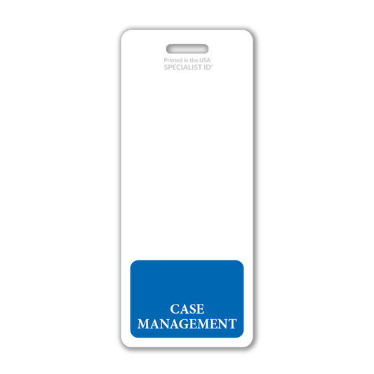 Extra Large Case Manager Badge Buddy with a white top and blue bottom labeled "Case Management," ideal for healthcare settings. This durable XL badge backer improves visibility and distinctly identifies you as the Case Manager.