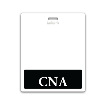 A blank identification card with a black bar at the bottom displaying the text "CNA" in white letters. Ideal for Certified Nursing Assistants, this Oversized CNA Badge Buddy - XL Badge Backer for Nursing Assistants - Horizontal Hospital ID Badge Buddies features a slot at the top for hanging and is perfect for use in healthcare settings.


