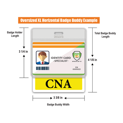 A diagram featuring an **Oversized CNA Badge Buddy - XL Badge Backer for Nursing Assistants - Horizontal Hospital ID Badge Buddies** with dimensions. The badge holder length is 3 1/4 inches, the total badge buddy length is 4 1/8 inches, and the badge buddy width is 3 3/8 inches—ideal for healthcare settings and Certified Nursing Assistants.