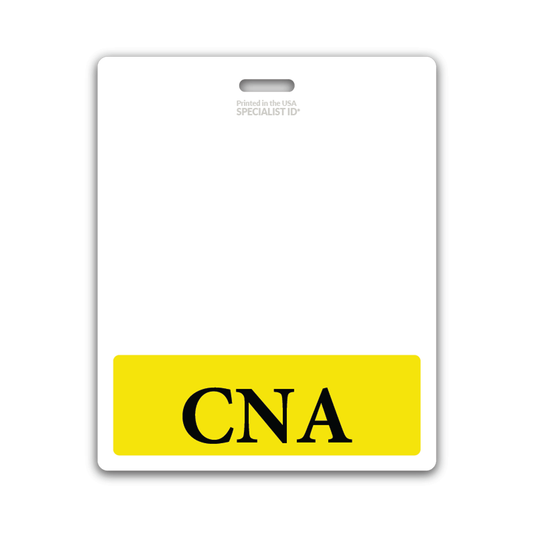 A white Oversized CNA Badge Buddy - XL Badge Backer for Nursing Assistants - Horizontal Hospital ID Badge Buddies with a yellow bottom section displays the bold black letters "CNA." The top part of the badge is blank, making it an essential tool for Certified Nursing Assistants in healthcare settings.