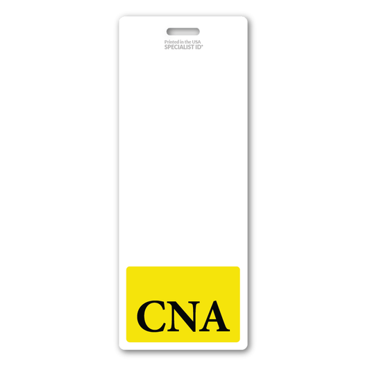 Badge with a white background and a yellow section at the bottom displaying the text "CNA" in black letters, designed as an Oversized CNA Badge Buddy - Extra Large Badge Buddies for Nursing Assistants - Vertical Hospital ID Badge Backer for Certified Nursing Assistants.