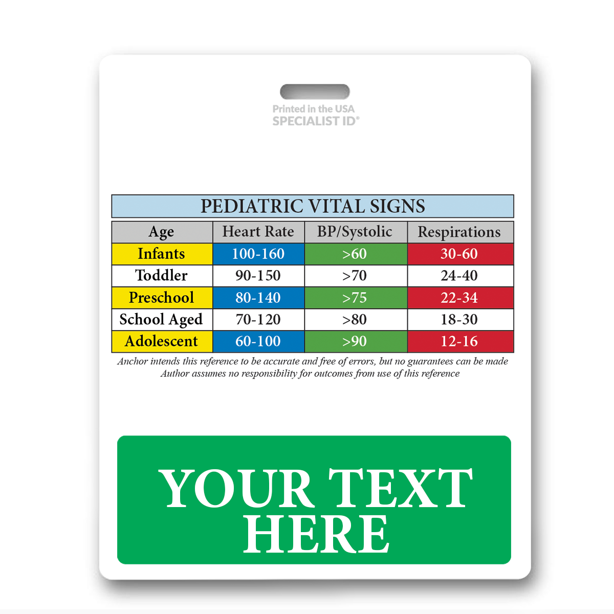 A reference chart for pediatric vital signs, custom printed as an Oversized Fully Customizable Badge Buddy Horizontal XL (Extra Large Size), listing ranges for heart rate, BP/systolic, and respirations across different age groups: infants, toddlers, preschoolers, school-aged children, and adolescents.
