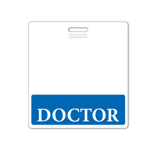 The Extra Large DOCTOR Badge Buddy, a horizontal badge backer in white with a blue section at the bottom reading "DOCTOR," is essential for clear physician identification within healthcare environments.