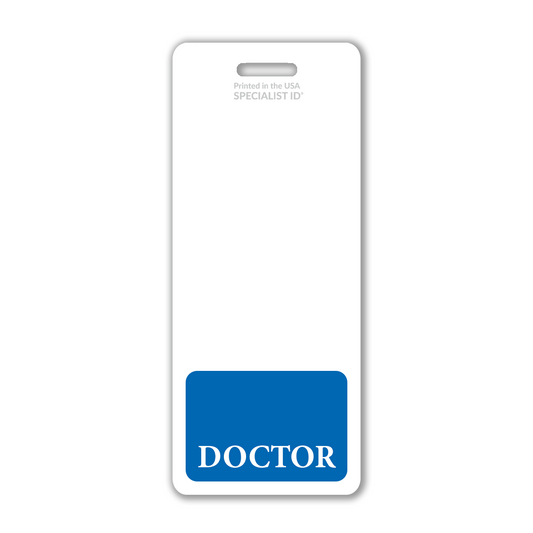 Vertical identification badge displaying "DOCTOR" in white on a blue background at the bottom, enhancing physician visibility with this crucial healthcare identification tool. Ideal as an Extra Large Doctor Badge Buddy for professionals seeking clear and immediate recognition.