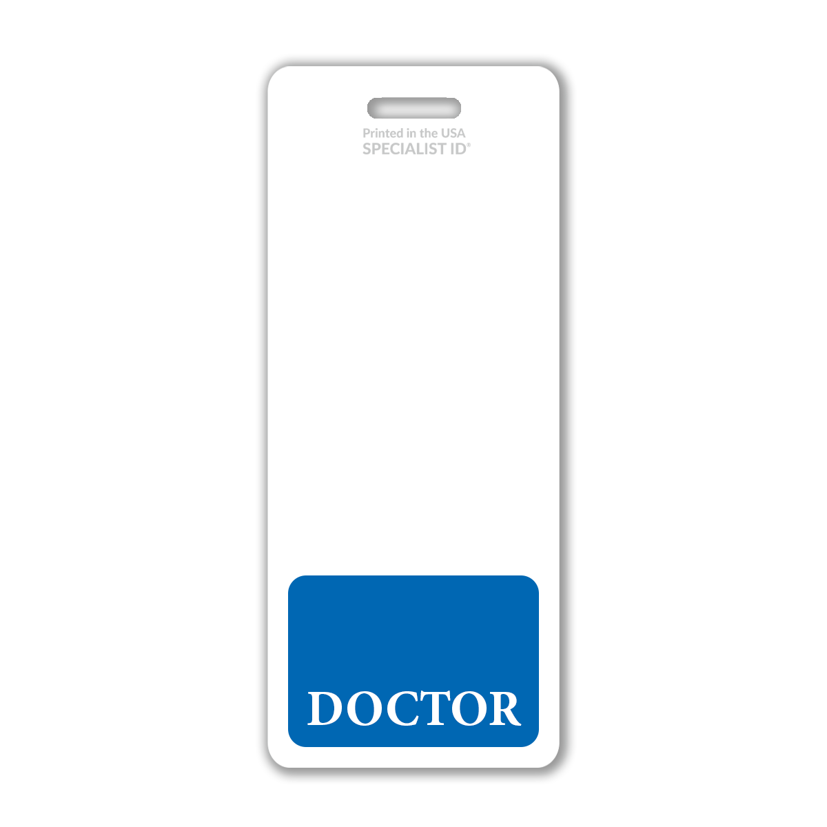 An Extra Large Doctor Resident Badge Buddy, featuring a white and blue design with "DOCTOR" at the bottom, integrates smoothly into medical settings for effective healthcare identification.