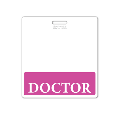 The Extra Large DOCTOR Badge Buddy, a horizontal hospital ID badge backer with a white background and bold pink strip displaying "DOCTOR" in white letters, is perfect for physician identification in healthcare settings.