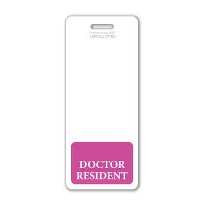 The Extra Large Doctor Resident Badge Buddy, featuring a vertical hospital ID design with "DOCTOR RESIDENT" in pink, is perfect for medical environments and provides essential healthcare identification.