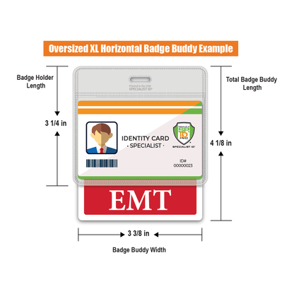 Diagram showing an Oversized EMT Badge Buddy - XL Badge Backer for EMTs - Horizontal Hospital ID Badge Buddies example with labeled dimensions. The durable laminated ID badge holder is 3 1/4 inches in length, 4 1/8 inches in total length, and 3 3/8 inches in width.