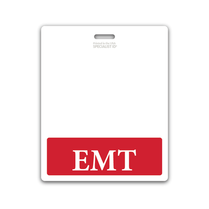 An identification badge featuring a durable laminated ID design, with a red section labeled "EMT" at the bottom, serves as an emergency medical identification tool, such as the Oversized EMT Badge Buddy - XL Badge Backer for EMTs - Horizontal Hospital ID Badge Buddies.