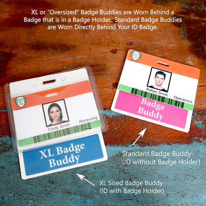 The image showcases two badge holders: the "Standard" version is displayed without a cover, while the "Extra Large LEADER Badge Buddy," akin to a hospital ID badge, is housed in a clear holder. Both feature photos and texts that denote different departments, making them an excellent identification tool for any professional environment.
