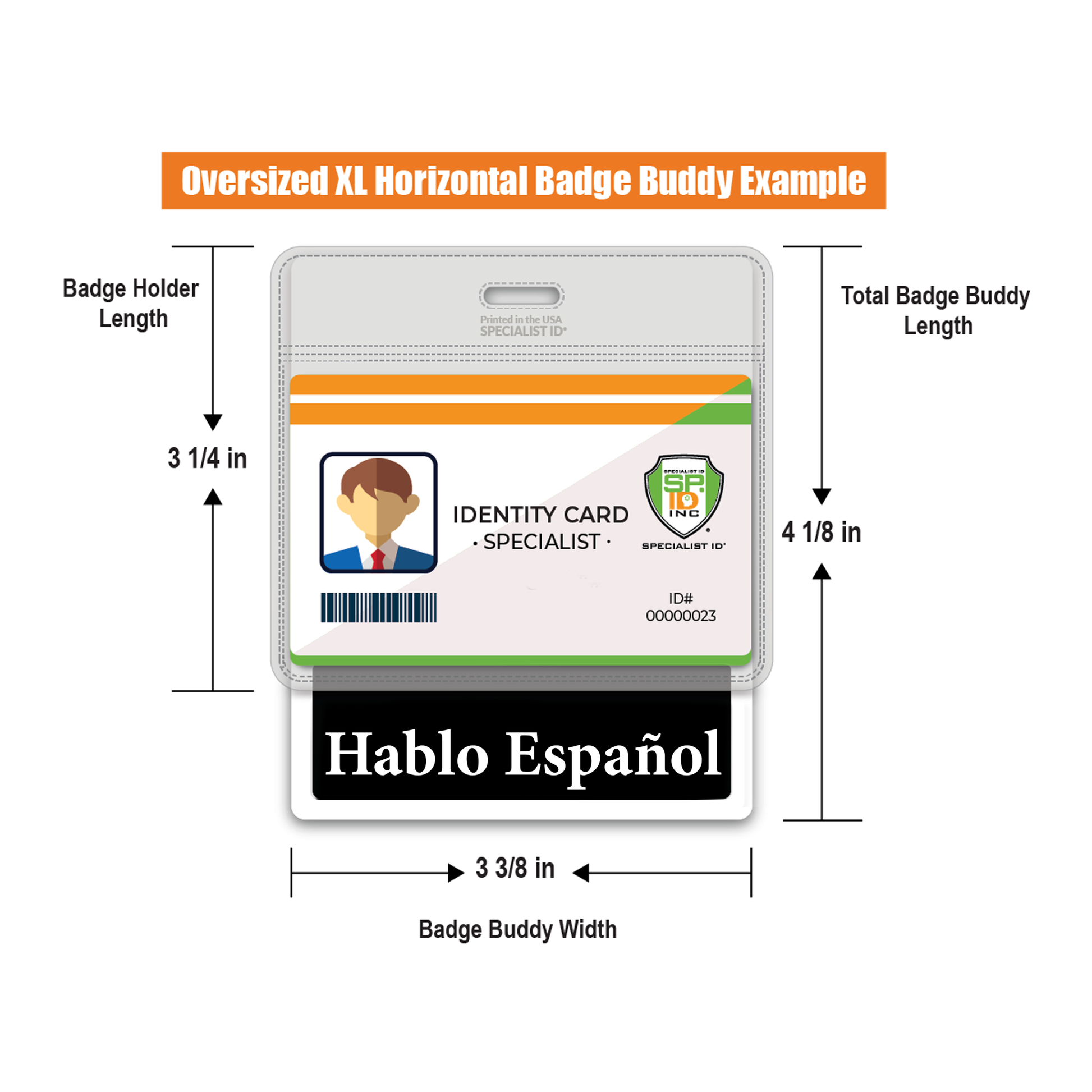 Measurement chart for an oversized XL horizontal badge buddy with dimensions labeled. 3-3/8"wide and 4-1/8" long. 