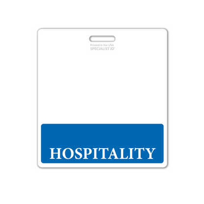 The Extra Large HOSPITALITY Badge Buddy is a horizontal badge backer designed for hospitality, featuring a blue section at the bottom labeled "Hospitality," making it an essential identification tool for hospitality staff.
