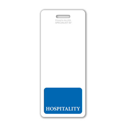 This durable Extra Large Hospitality Badge Buddy features a white identification area with a blue section at the bottom labeled "HOSPITALITY," ensuring clear recognition in professional settings.