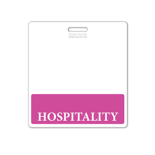 The Extra Large HOSPITALITY Badge Buddy, a horizontal badge backer in white with a pink bottom section, is an essential identification tool for hospitality staff. Sold by Specialist ID.