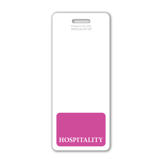 The Extra Large Hospitality Badge Buddy, a vertical hospital ID badge backer, features a sturdy design with a white background and a pink section at the bottom displaying the word "HOSPITALITY," providing an efficient identification tool in bustling environments.