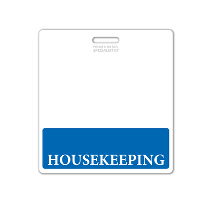 The Extra Large HOUSEKEEPING Badge Buddy is a crucial identification tool, showcasing "HOUSEKEEPING" in prominent blue letters at the bottom. Ideal for healthcare settings, this horizontal hospital ID badge backer enhances recognition and efficiency for housekeepers.