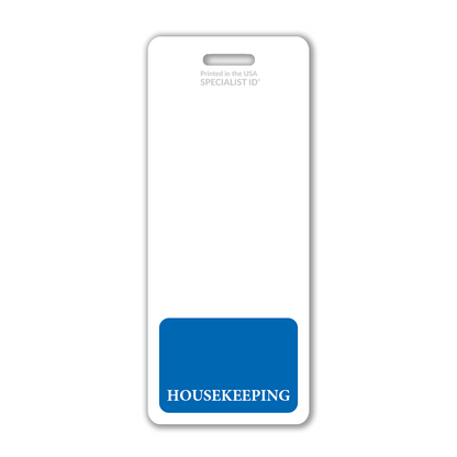Extra Large Housekeeping Badge Buddy in white, featuring a blue section labeled "HOUSEKEEPING" at the bottom, serves as an effective identification tool. Sold by Specialist ID.
