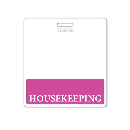 Extra large badge buddy featuring a white top with a pink bottom labeled "HOUSEKEEPING" in white text. This XL Housekeeping Badge Backer acts as an essential identification tool for housekeepers, particularly in healthcare settings, promoting clear communication and role clarity.