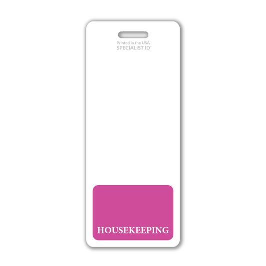 The Extra Large Housekeeping Badge Buddy serves as an effective identification tool, featuring "HOUSEKEEPING" in crisp white text on a vibrant pink background. This XL Badge Backer for housekeepers resembles a housekeeping badge, adding a touch of elegance to any hospitality setting while ensuring clarity and professionalism.