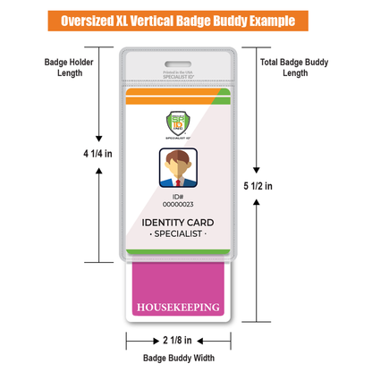 Illustration of an Extra Large Housekeeping Badge Buddy example, featuring labeled dimensions. This ID badge backer includes a section for a photo, name, ID, and the title "SPECIALIST." It is equipped with a pink tag displaying "HOUSEKEEPING," making it perfect for use in healthcare settings.