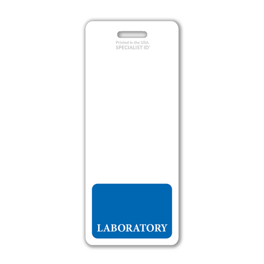 The Extra Large Laboratory Badge Buddy, a vertical hospital ID badge backer, is an essential identification tool for laboratory staff, featuring a blue section labeled "LABORATORY." At the top, it reads "Printed in the USA SPECIALIST ID," underscoring its reliability as a Laboratory Badge Buddy.