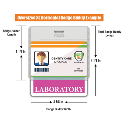 Illustration of an Extra Large LABORATORY Badge Buddy, a horizontal hospital ID badge backer, featuring dimensions: total length 4 1/8 inches, badge holder length 3 1/4 inches, width 3 3/8 inches. Perfect for use as an identification tool in healthcare settings.