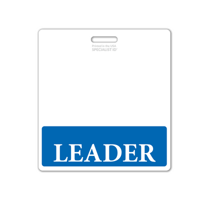 A hospital ID badge in white with "LEADER" prominently displayed in bold blue text at the bottom, serving as an Extra Large LEADER Badge Buddy identification tool. Sold by Specialist ID.