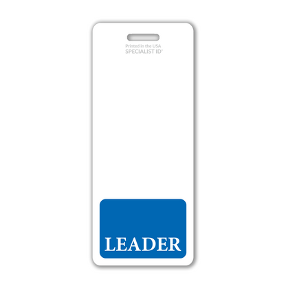 A vertical Extra Large Leader Badge Buddy with a blue strip at the bottom displays the word "LEADER," making it an essential identification tool. Sold by Specialist ID.