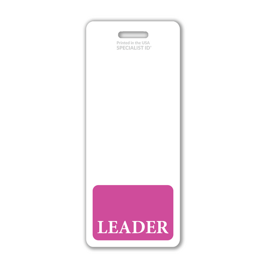 Extra large badge buddy featuring bold pink letters spelling "LEADER" at the bottom, designed as an ideal XL Badge Backer for hospital ID badges or identification tools. Sold by Specialist ID.
